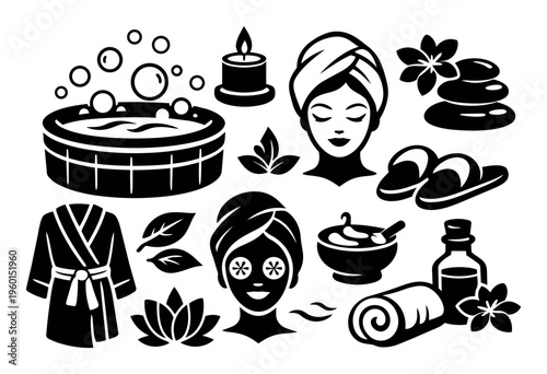 Spa and wellness icons set. Women relaxing, receiving beauty treatments, surrounded by bath accessories, massage stones, and natural elements