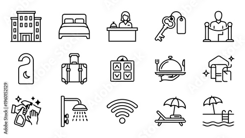 Hotel and Hospitality Line Icons – Accommodation, Guest Services and Travel Outline Set