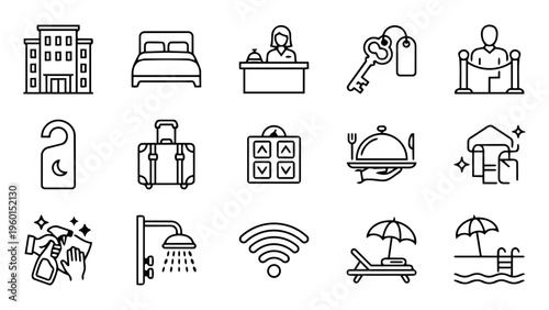 Hotel and Hospitality Line Icons – Accommodation, Guest Services and Travel Outline Set