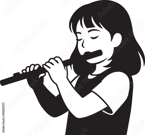 Young girl plays a woodwind instrument with focused concentration on her face.