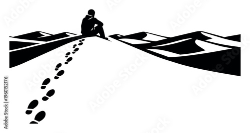 Person sitting atop a sand dune, observing vast desert landscape with footprints tracing a path, representing solitude and exploration