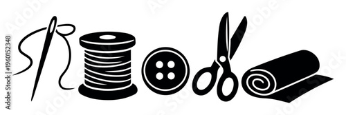 Basic sewing and tailoring tools and supplies in a black silhouette icon set, representing crafting, fashion, and creativity