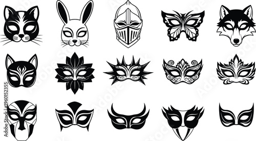 Black and white masquerade mask vector set featuring animal faces knight helmet butterfly and ornate decorative carnival silhouettes for creative design
