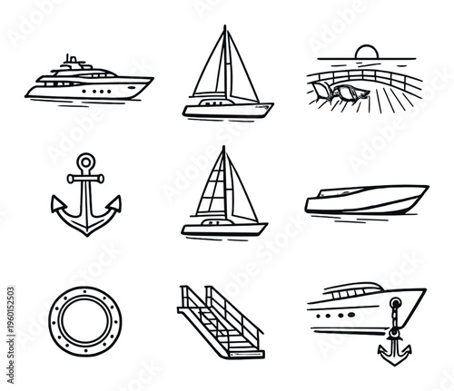 Nautical icons of boats and anchors displayed on dark background