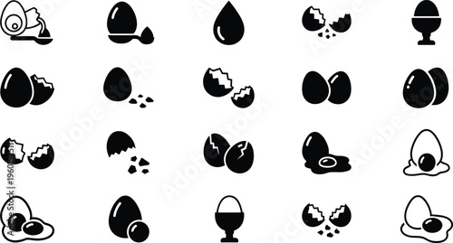 Egg vector set featuring cracked shells fried eggs whole eggs in cups and yolk silhouettes for breakfast cooking and food design