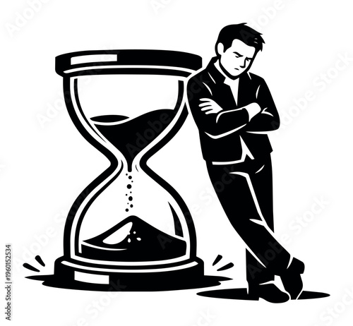 Man leaning against a large hourglass, arms crossed, patiently waiting for the sand to fall, depicting concepts of time, waiting, and deadlines
