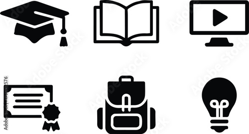 education icons online course video monitor certificate backpack