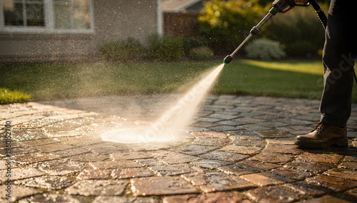 Close-up of a pressure washer cleaning a dirty brick patio in a home backyard, illustrating professional outdoor maintenance and property upkeep