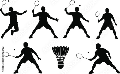 Set of black vector silhouettes of badminton players with rackets and shuttlecocks in different action poses for sports branding design