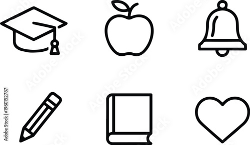 education vector icons graduation cap apple bell pencil book heart illustration