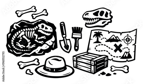 Paleontology equipment and discoveries, including a dinosaur skeleton in rock, skull, bones, and adventure map, for archeological exploration