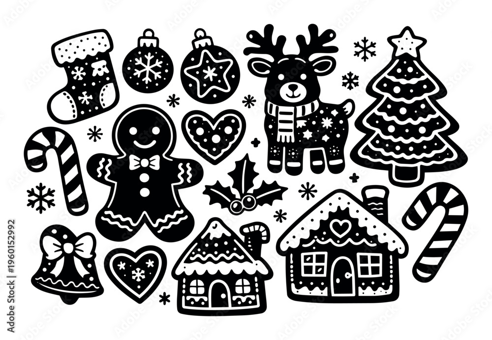 Fototapeta premium Festive winter holiday icons featuring gingerbread man, reindeer, cozy houses, christmas trees, candy canes, and snowflakes