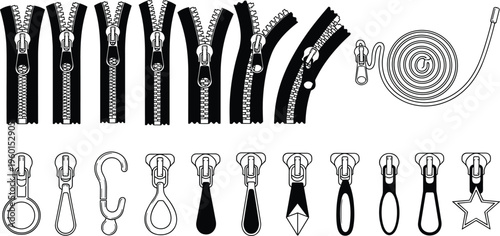 Zipper vector set featuring metal tooth tracks sliders puller silhouettes and garment fasteners for fashion design apparel manufacturing and sewing