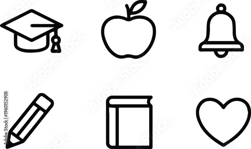 education icons set graduation cap apple bell pencil book heart study notes