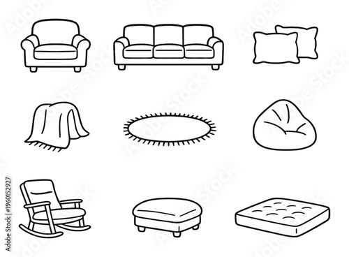 Seating and sofa icons showing living room furniture on dark surface