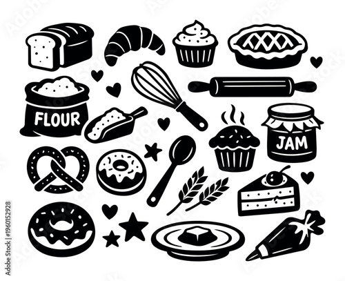 Baking icon set featuring flour, sugar, jam, bread, croissants, donuts, cakes, and kitchen utensils