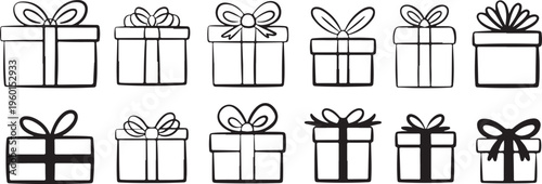 gift present icons monochrome boxes with one filled ribbon