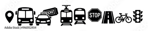 Set of vector icons depicting city transportation, including buses, taxis, trains, bikes, tickets, roads, and traffic control