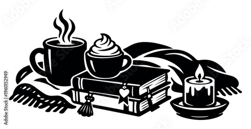 Hygge styled still life showing warm beverages, books, a lit candle, and a soft blanket, representing relaxation and comfort