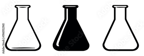 Erlenmeyer flask icon set with outline and solid black versions, vector illustration for science, experiment, and chemical concepts