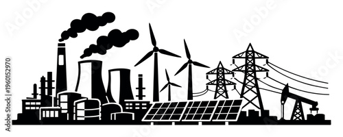 Global energy industry concept presenting a mix of traditional power plants, wind turbines, solar panels, and oil extraction