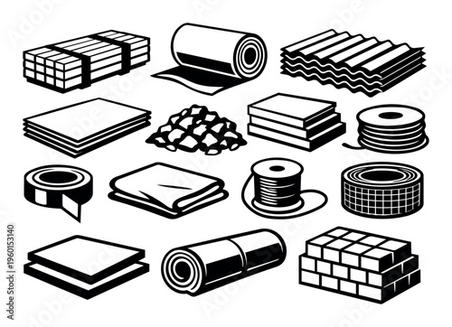 Various construction materials, building supplies, industrial hardware, and tools set for repair or renovation projects