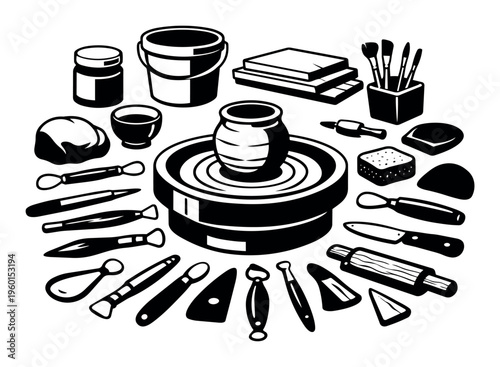 Pottery wheel on a white background with various clay tools, creating a ceramic pot, representing art, handicrafts, and sculpting