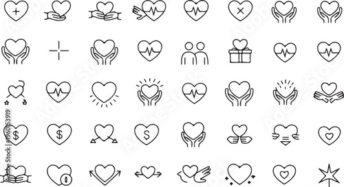heart icon collection medical care donation and support line art