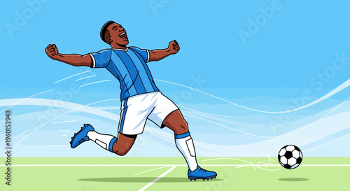 A male soccer player celebrates a goal on a green field with a soccer ball and colorful confetti.