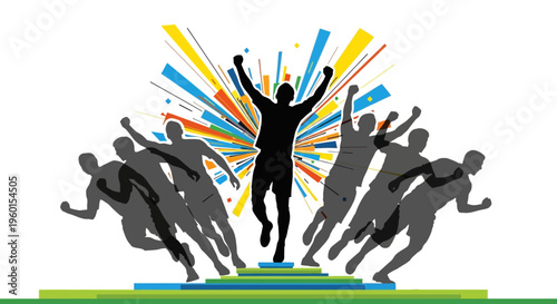 Vibrant illustration of a male soccer player celebrating a goal with arms outstretched and a soccer ball, surrounded by abstract geometric shapes.