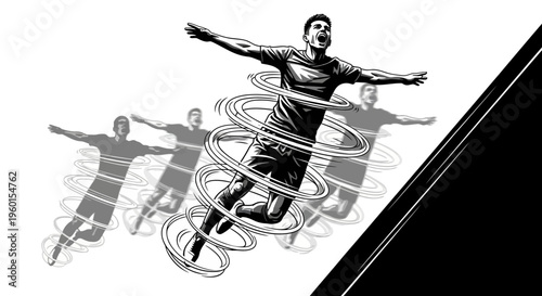 A jubilant football player celebrates a goal on the pitch with his teammates as an excited crowd cheers in a vibrant stadium.