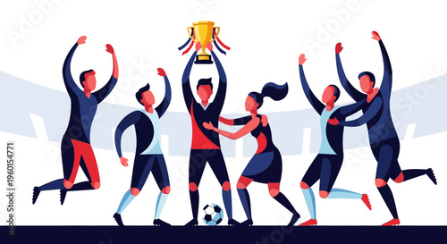 A diverse soccer team celebrates their championship victory on a sunny field, holding a golden trophy with confetti falling around them.