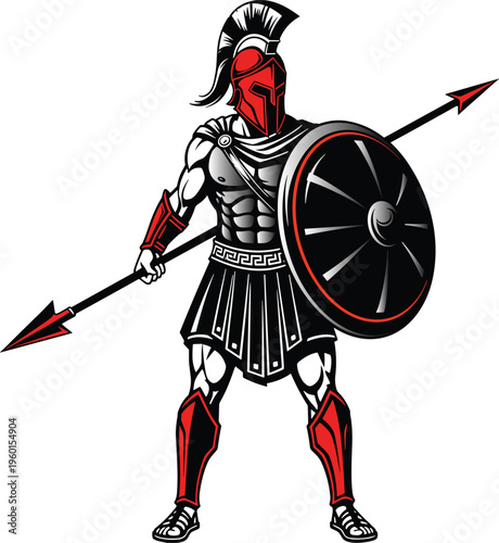 Spartan warrior vector illustration featuring ancient greek hoplite with spear and shield wearing red helmet armor for gaming and mascot design