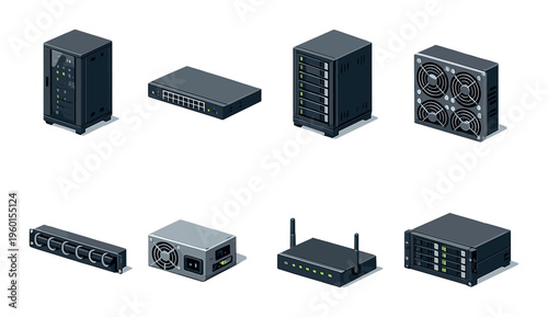 Network and server hardware arranged on dark metal tabletop