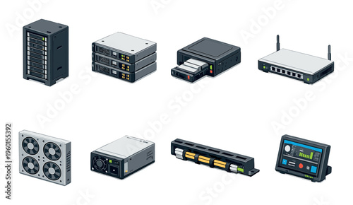 Network devices and server accessories shown on gradient background