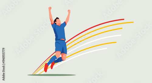 Dynamic illustration of a triumphant male soccer player celebrating a goal or victory with arms raised, surrounded by energetic lines.