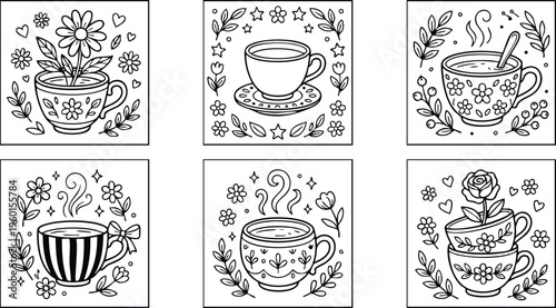 Black and white line art floral and steaming cups with heart and leaf decoration set