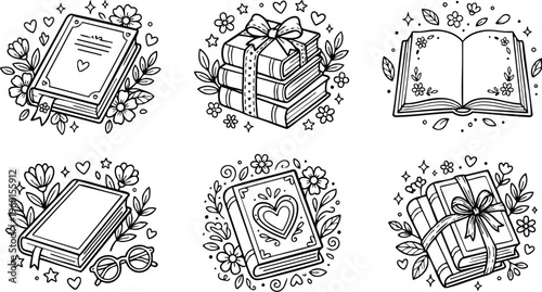 Decorative books with flowers hearts and ribbons