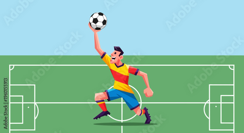 Excited soccer player celebrating a victory on a green field under a clear blue sky, holding a soccer ball triumphantly.