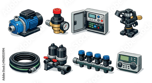 Water pump and irrigation control components on gray surface