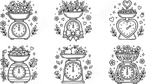 Six black and white vintage kitchen scales with flowers and fruits illustrations