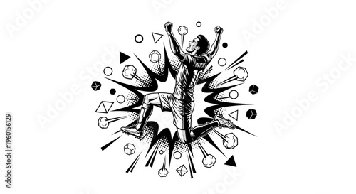 Dynamic black and white illustration of a triumphant man jumping in celebration amidst an energetic comic-style explosion of geometric shapes.