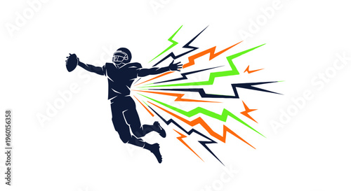 Dynamic silhouette of an American football player leaping with a ball, surrounded by energetic green and orange lightning bolt graphics, symbolizing speed and power in sports.