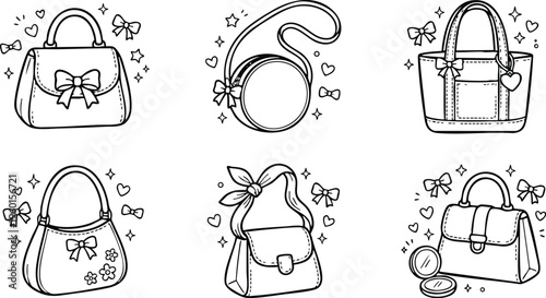 Black and white line art purse handbags with bows and hearts
