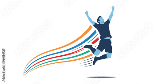 Stylized soccer player dribbling a ball with dynamic wavy patterns in blue, green, and yellow, illustrating motion and energy on a white background.