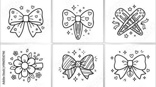 Black and white line art hair clips with bows flowers and hearts set