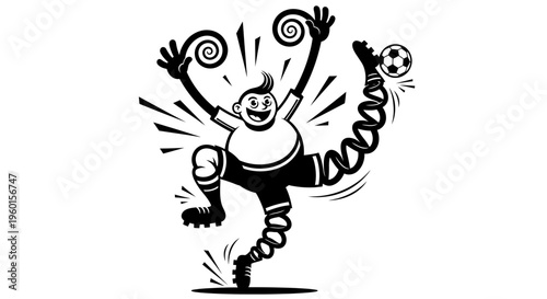 A joyful cartoon man with spring limbs and a soccer ball, full of energy and excitement, in a black and white illustration.