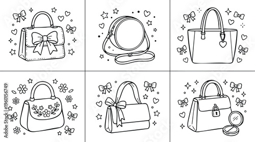 Six different women handbags with bows and hearts