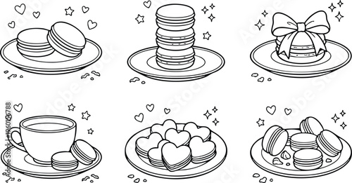 Macarons and cookies on plates with hearts and stars