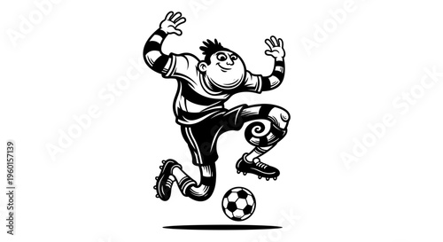 Dynamic black and white illustration of a male soccer player in mid-air, performing an athletic jump or kick with arms spread wide.